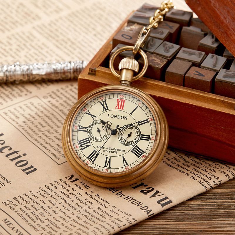 New Retro Pure Copper Coverless Roman Numerals Five Hands Mechanical Pocket Watch_voghion.com
