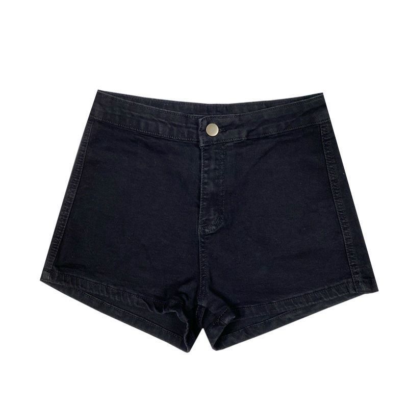 Siyah yüksek belli denim şortlar kadınların sıkı elastik kalçaları, zayıflatıcı ve seksi. Baharatlı kızlar sıcak A kesim kalçalara sahip_voghion.com