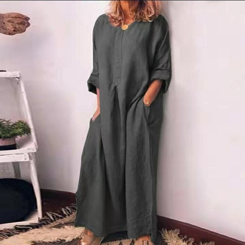 Damen-Kleid aus Baumwolle und Leinen, einfarbig, locker, langärmlig_voghion.com