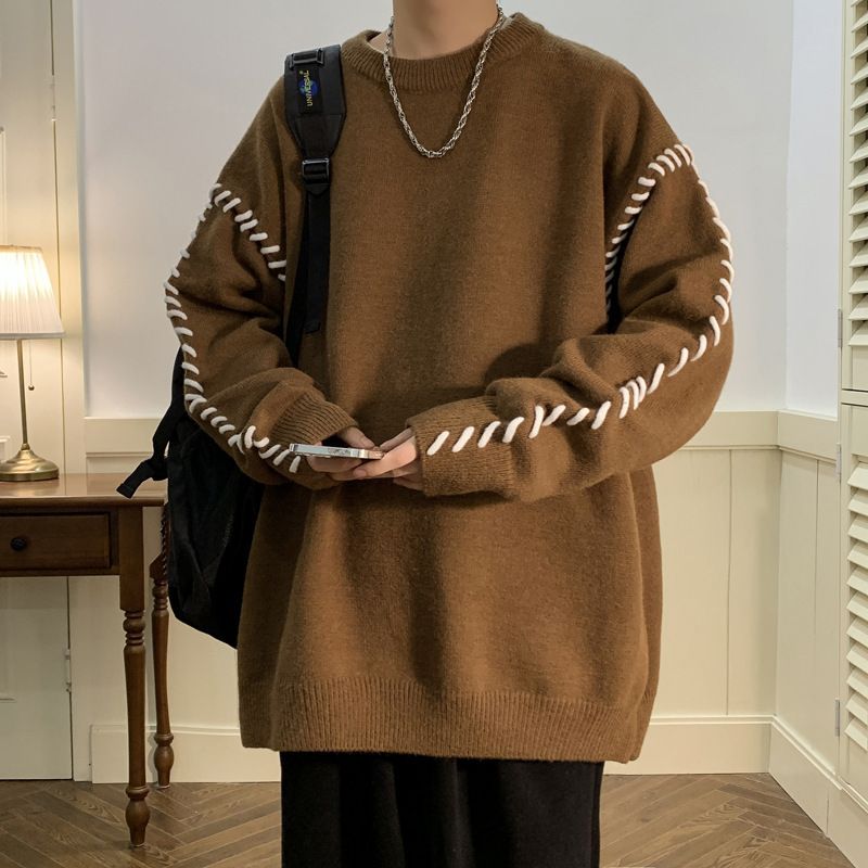Contrast colored thread design, round neck men's base sweater, 2024 autumn/winter loose and versatile pullover knit top_voghion.com