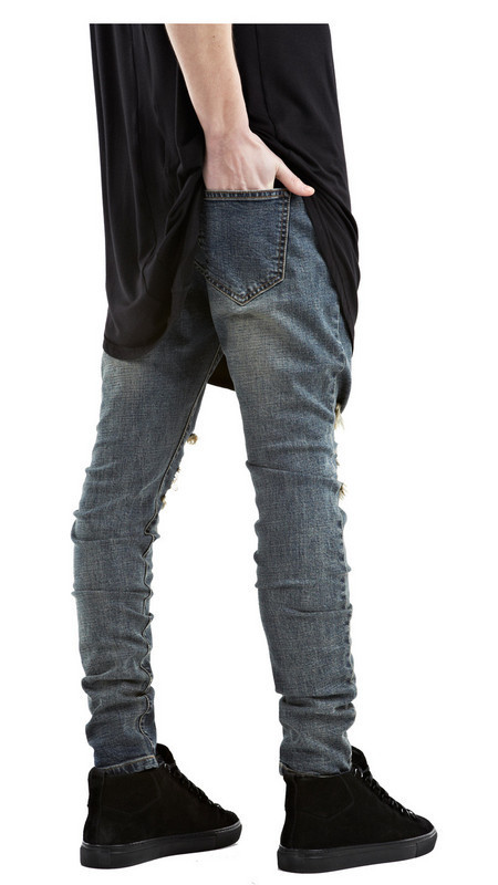 Jeans elasticizzati slim fit da uomo con strappi alle ginocchia - Pantaloni in denim lavato vintage per abbigliamento casual e streetwear_voghion.com