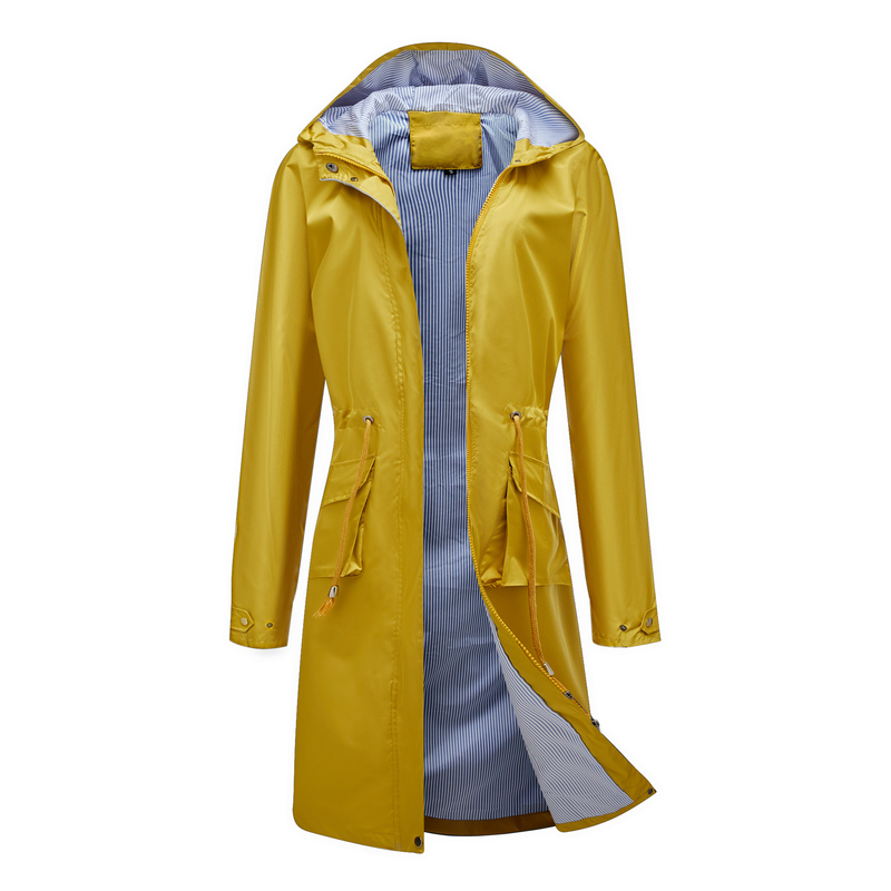 Trench casual da donna K Long con cappuccio, impermeabile, tinta unita con fodera a righe, cappotto dritto._voghion.com