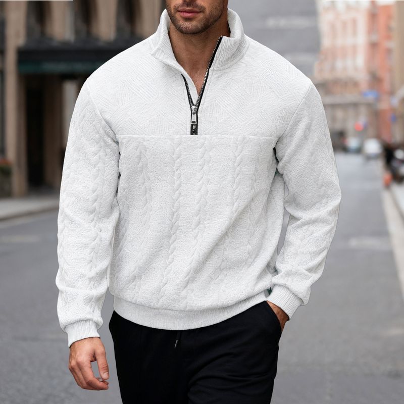 Lässiger Herren-Pullover mit halbem Reißverschluss und Jacquard-Patchwork-Design, locker sitzendes Strickoberteil für Herbst und Winter (Weiß, Grau, Schwarz, Khaki, Marineblau)_voghion.com