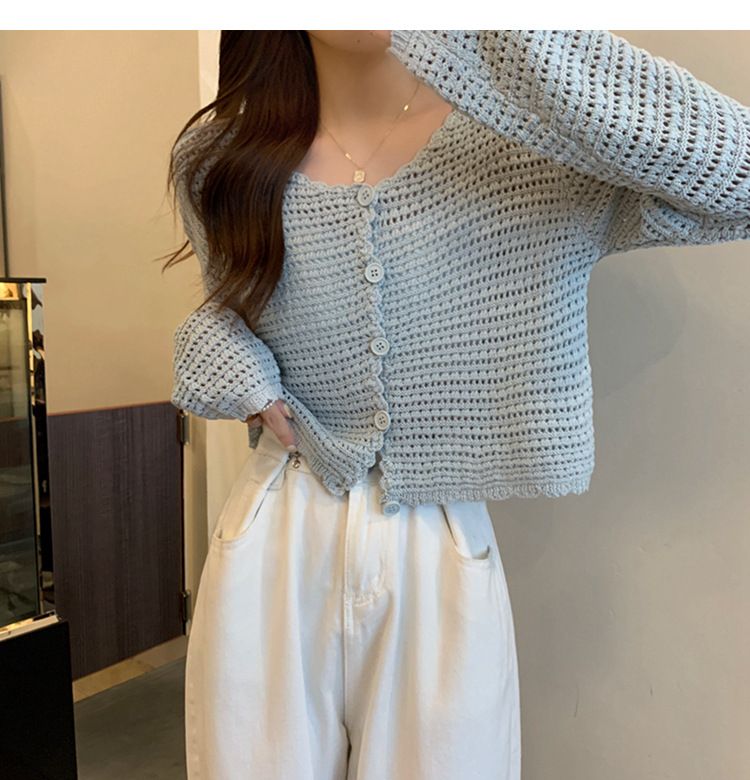 2024 Summer New Hollow Cardigan Women's Long Sleeve Outer Sunscreen Mesh Knitted Small Cover Coat Short Top_voghion.com
