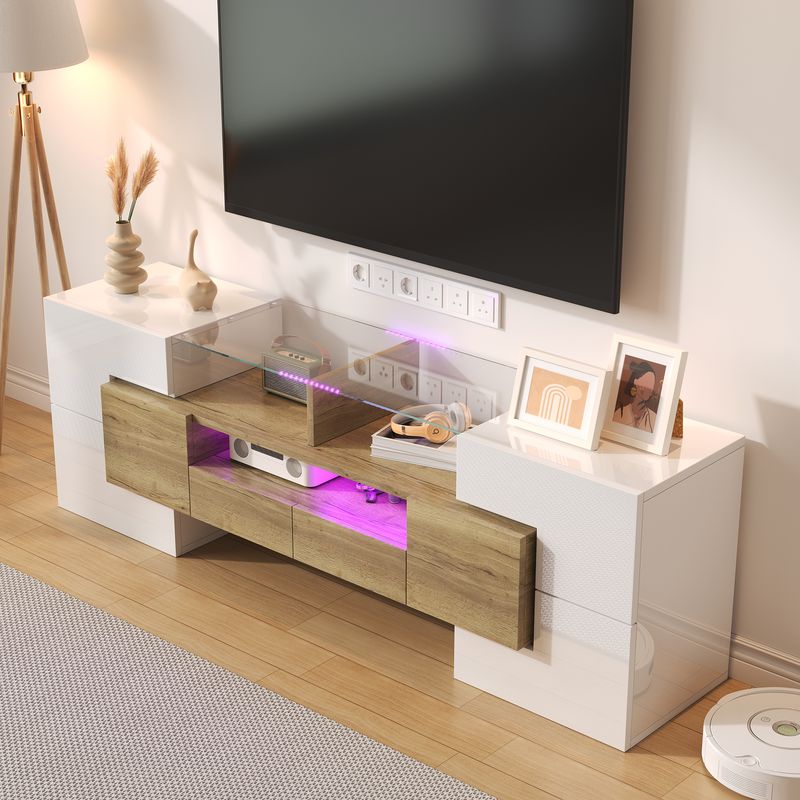 Meuble TV moderne, buffet bas blanc brillant de 145 cm avec éclairage LED, surface en verre élégante, mobilier de salon contemporain_voghion.com