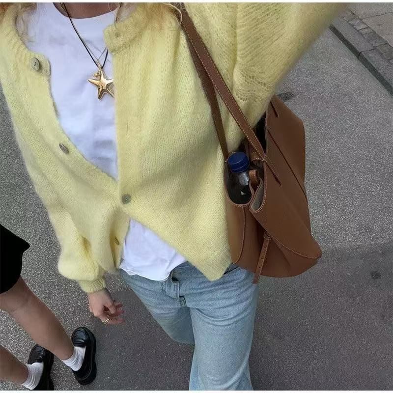 "Women's Casual Long Sleeve Cardigan Sweater - Soft Knit Open Front Coat, Lightweight Loose Fit Round Neck, Solid Color Spring (Yellow/White _voghion.com