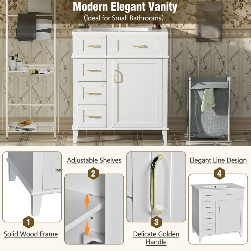 30-Inch Bathroom Vanity With Ceramic Sink, Adjustable Shelf, Soft Close Door, And Three Soft Close Drawers_voghion.com