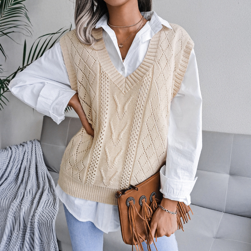 Pull tricoté à col en v pour femme, vêtement style Ins, ajouré et torsadé, collection automne et hiver 2023_voghion.com