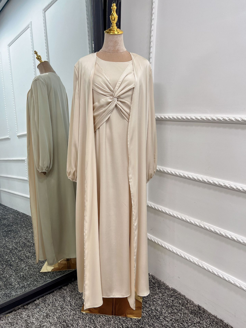 Moda musulmană Turcia Dubai La modă rochie solidă din două piese costum cardigan LR511_voghion.com