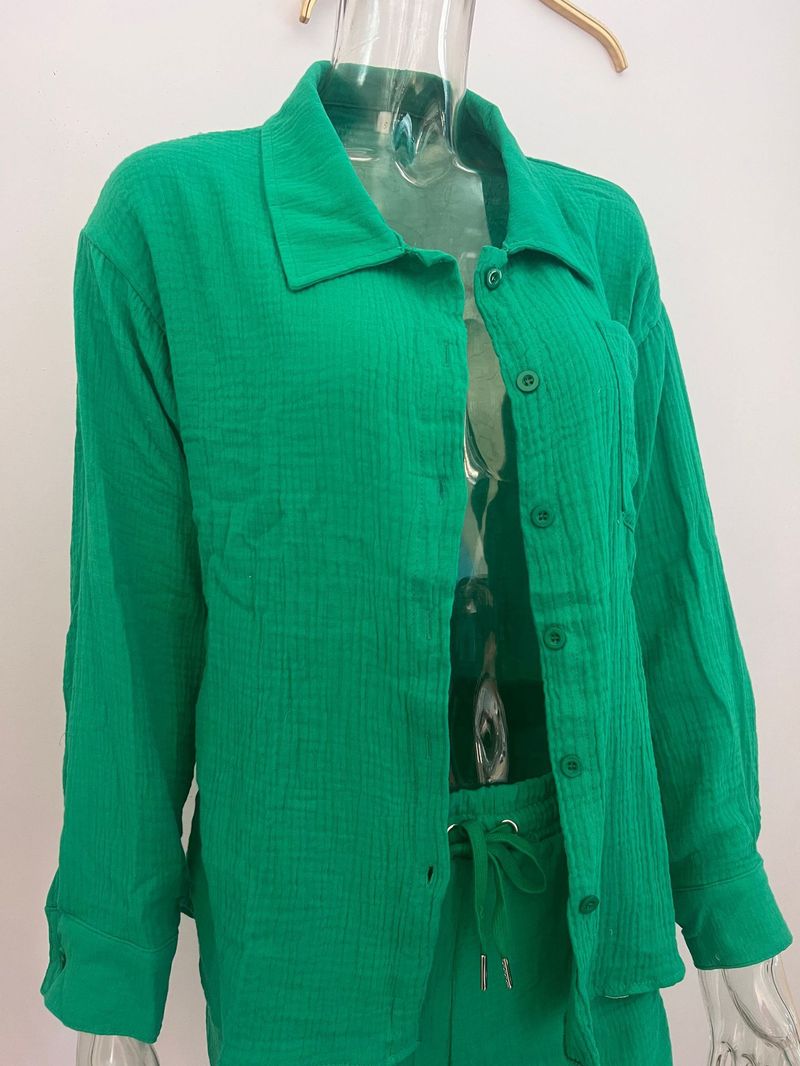 Spring Wrinkle Fabric Lapel Long Sleeve Shirt With High-Waist Drawstring Shorts Plus Size Casual Outfit Set_voghion.com