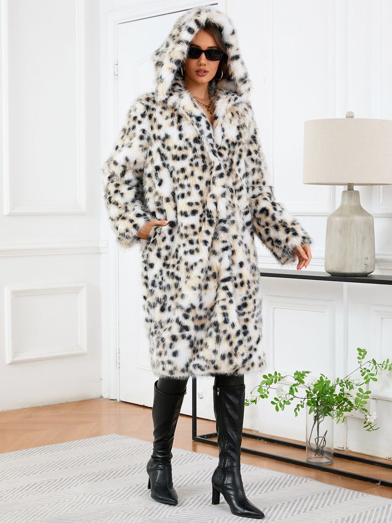 Eleganter Kunstpelzmantel mit Kapuze und Leopardenmuster und langen Ärmeln für Damen – warme und stylische Oberbekleidung in mittlerer Länge für Damen_voghion.com