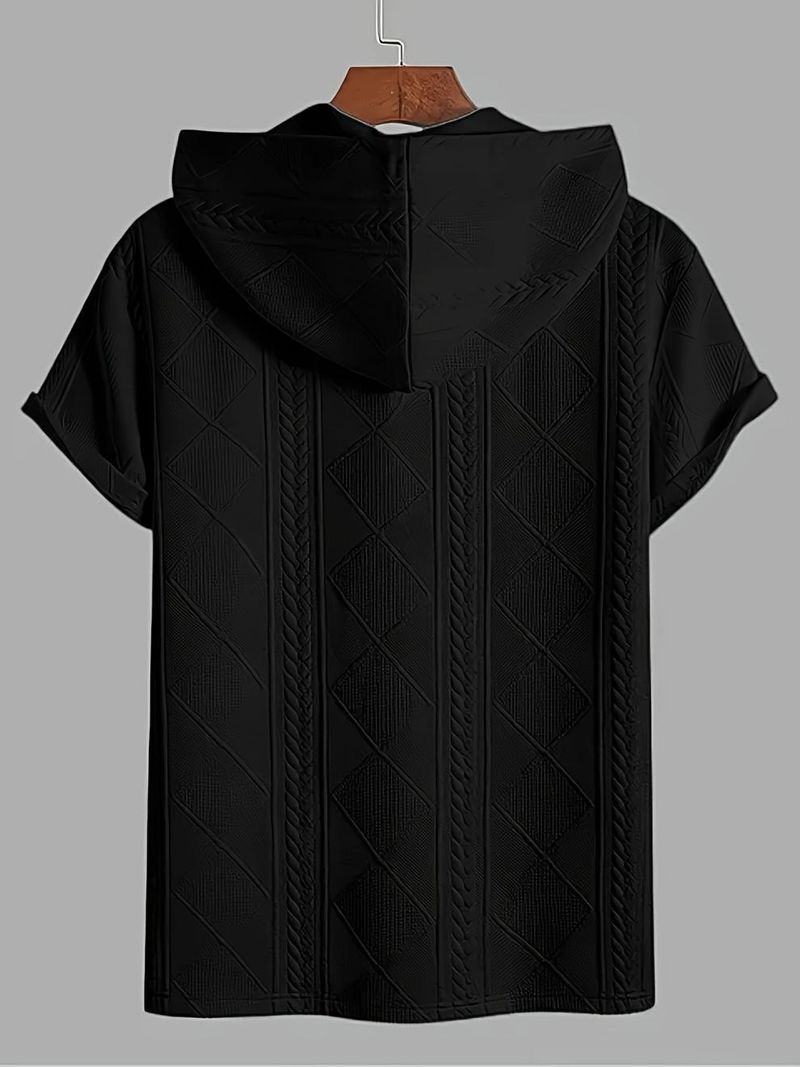 T-shirt con cappuccio e stampa elegante da uomo, comoda e traspirante, a maniche corte, con scollo a bottoni, per un abbigliamento casual._voghion.com