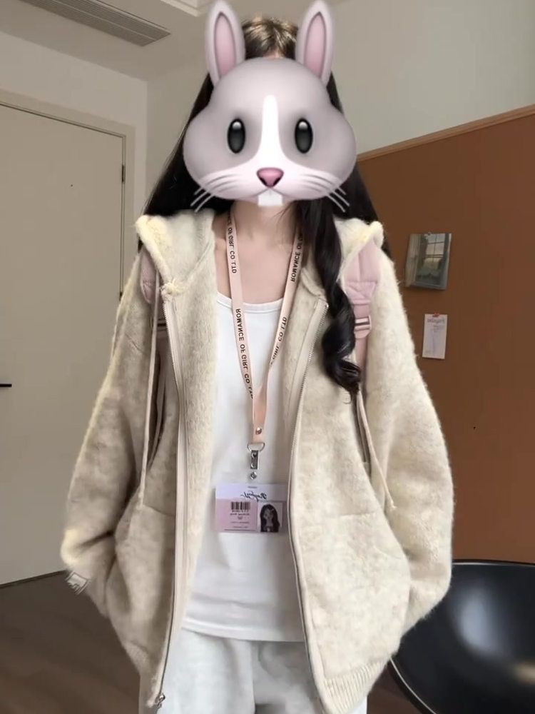 Ragazza Ragazza Ragazza Maglione Cardigan Lavorato a Maglia con Cappuccio Morbido e Pigro per Donna, Felpa Giacca Stile Coreano Vestibilità Larga Autunno e Inverno_voghion.com