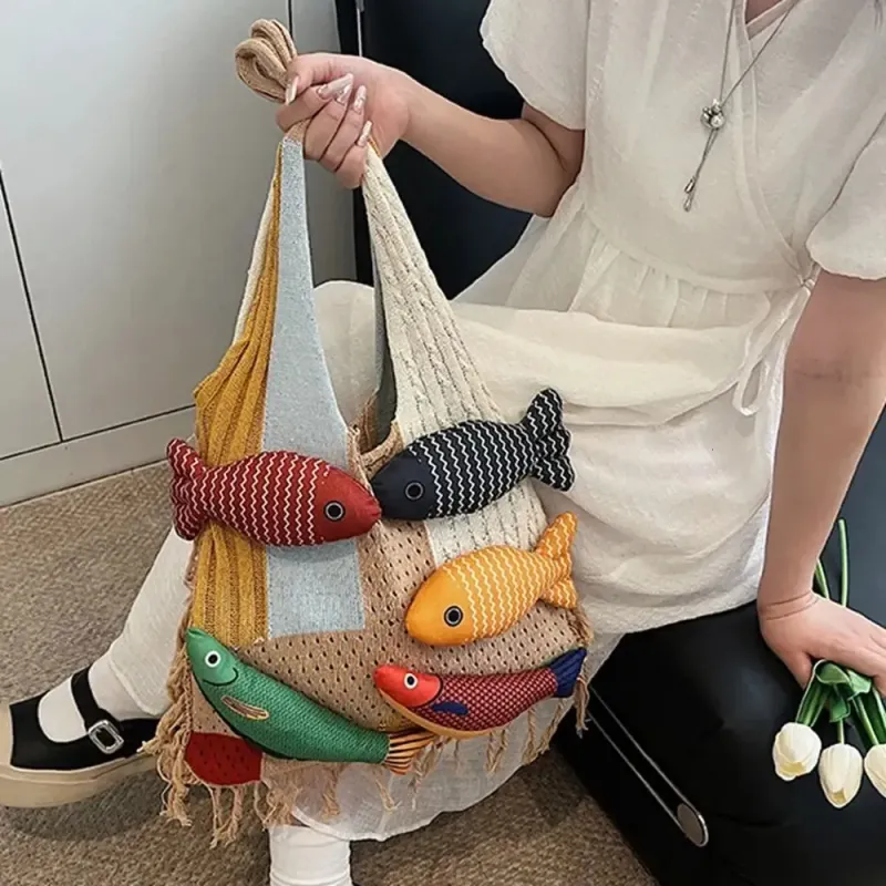 Gehäkelte Schultertasche aus Baumwolle mit Fischmotiv, großes Fassungsvermögen, durchbrochenes Webmuster, modische Tragetasche für den Sommer 250714_voghion.com