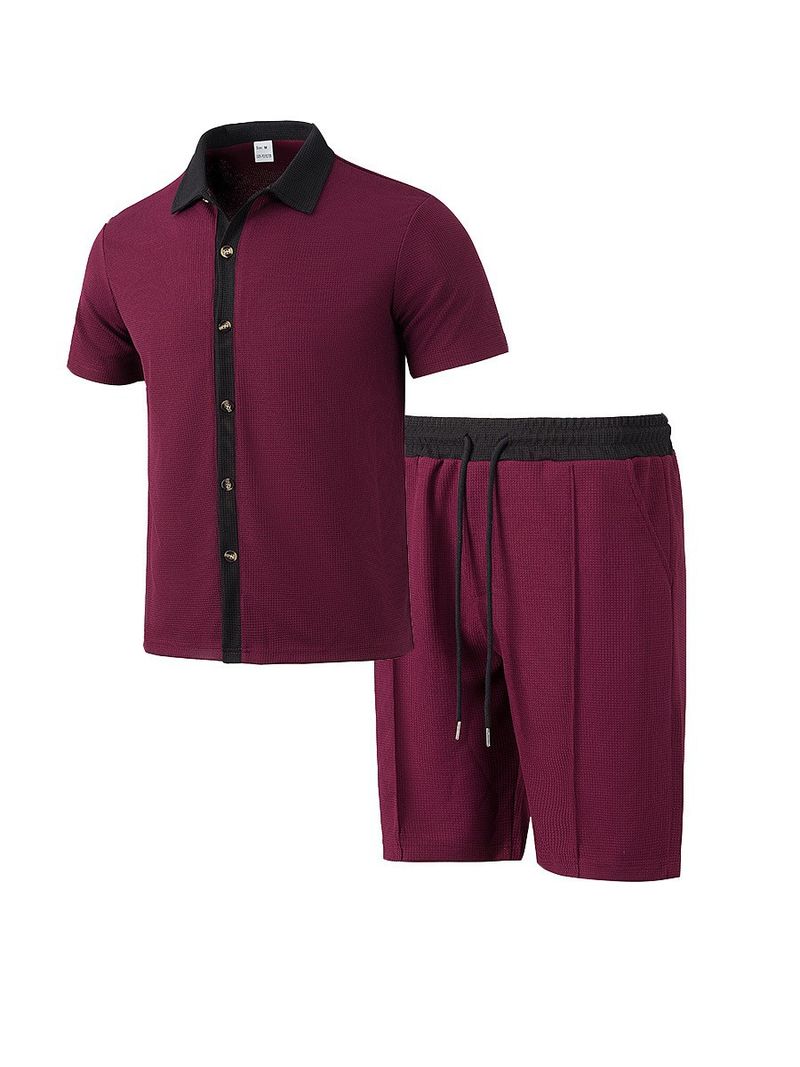 Terno masculino casual versátil com lapela e botões, camisa combinando com cores, manga curta e shorts_voghion.com