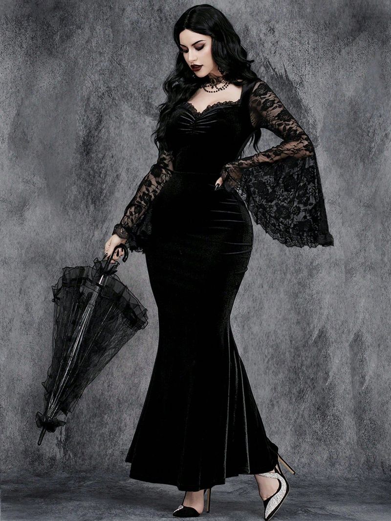 Gothic-Korsettkleid mit Spitzeneinsatz und Glockenärmeln für Halloween – Schwarzes Langarm-V-Ausschnitt-Kleid mit ausgestelltem Saum, elegante Gothic-Mode für Damen (S, M, L, XL)_voghion.com