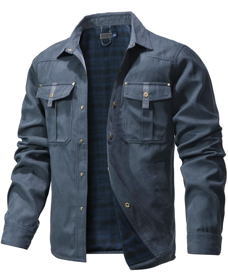 Herrenjacken Frühling Flanell gefüttert Hemd Mantel Shacket Lässige Druckknopf-Overshirt Western Cowboy-Stil Hochwertiges Top US-Größe_voghion.com