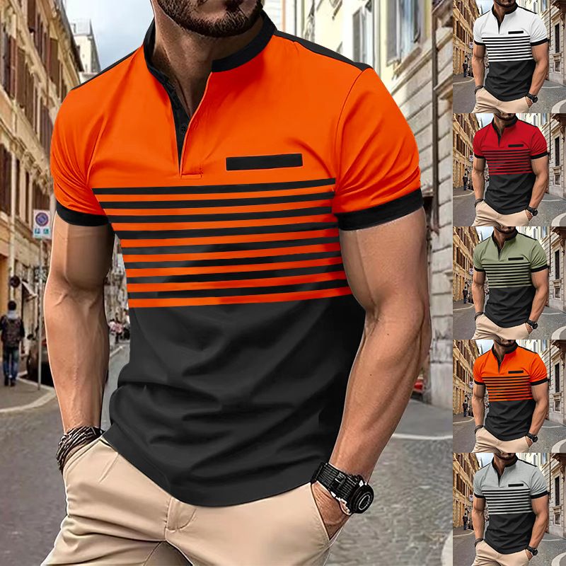 Polo da uomo a righe stampate con cerniera in saldo estivo 2024_voghion.com