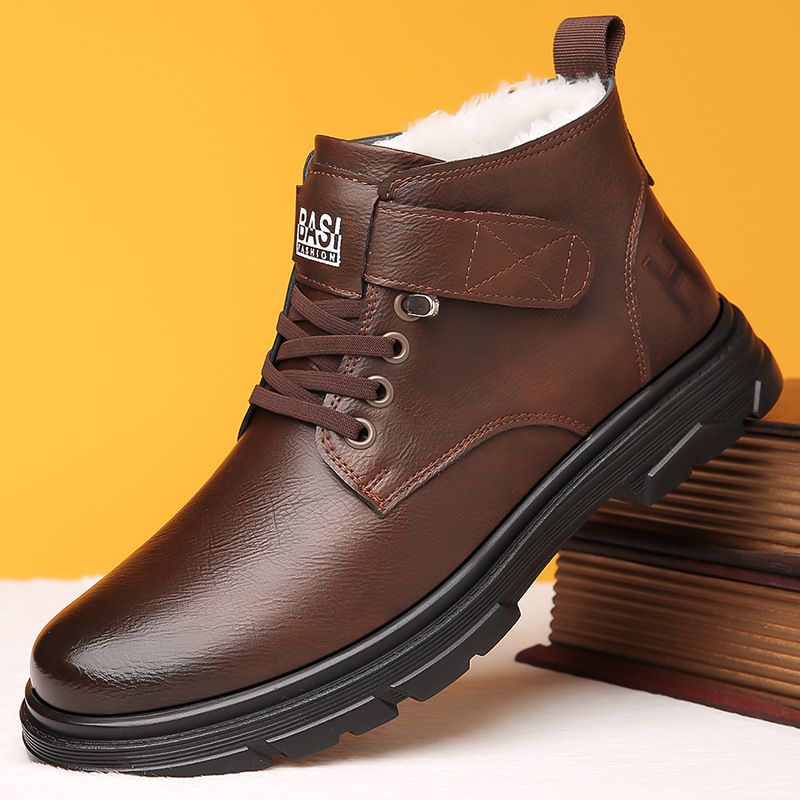 Herren Winter Mit Fleece, Warm, Rutschfest, Lässige High-Top-Schuhe, Business-Stiefel, Verdickte Baumwolllederschuhe_voghion.com