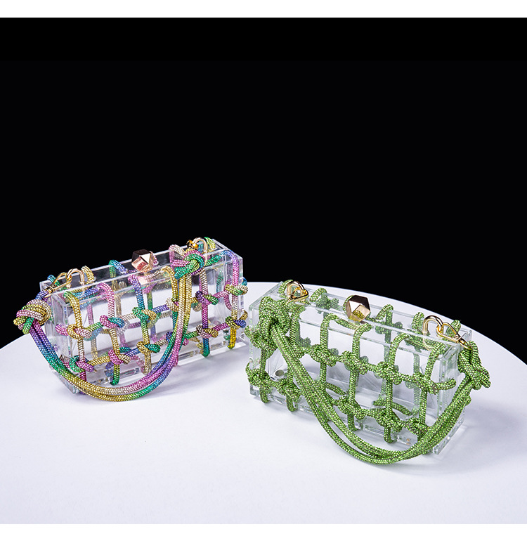 Original Design Diamond Clear Acryl Box Damen Bankett handgewebte Unterarm-Clutch mit Strasssteinen_voghion.com