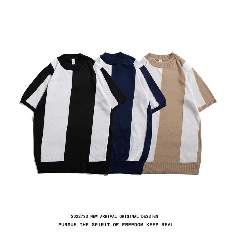 Men's Clothing Fashion New Striped Ice Silk Short Sleeved T Shirt Casual Simple Slim Style Men's Tops Trendy Knitted Sweater_voghion.com