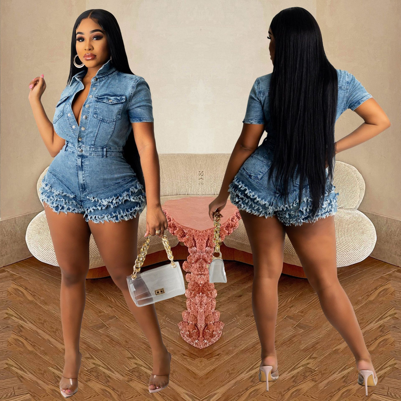 Damesmode slanke denim rompertjes met franje_voghion.com