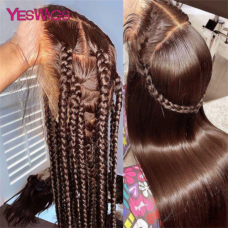 hot selling 13x6 Chocolate Brown Colored Front Human Hair HD Transparent Straight 360 Full Lace Frontal Wigs For Women Glueless_voghion.com