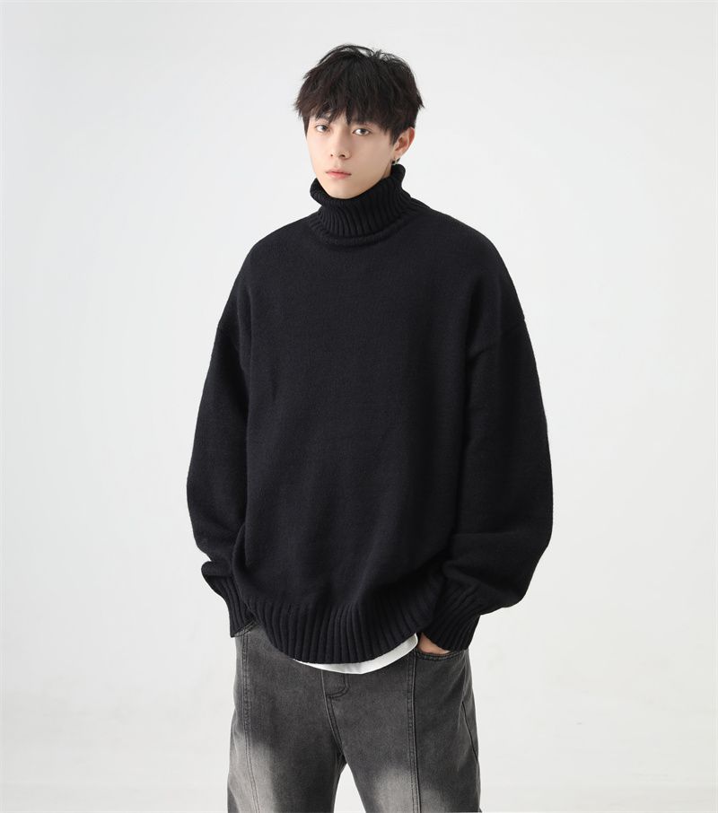 QOTRIOCK Turtleneck For Men Winter Loose Solid Color Fleece Lined Thickened Warm Couple Knitted Base Shirt Sweater_voghion.com