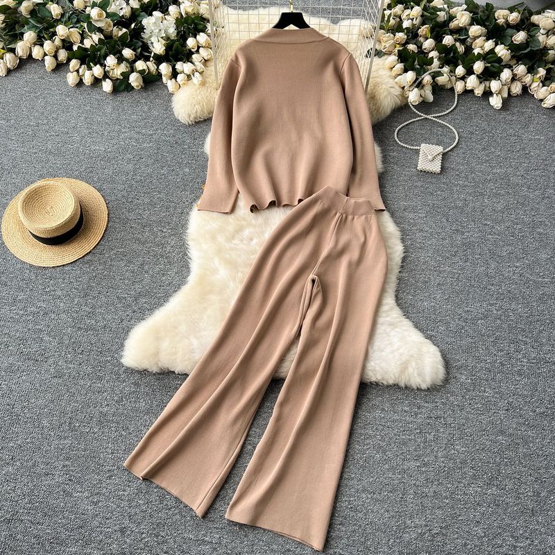 Women's Clothing Knit Cardigan & Pants Set – Metallic Button Two-Piece Outfit, Cozy Viscose Raylon Blend For Fall/Winter, Casual Elegance For Daily_voghion.com