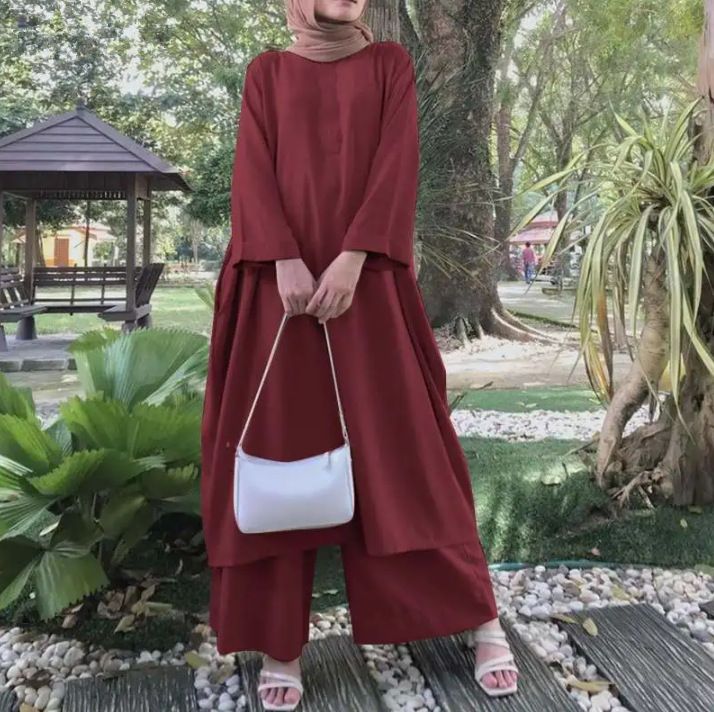 2025 Set di due pezzi per abbigliamento da donna musulmano, tinta unita, primavera e autunno, pullover lungo, taglie forti_voghion.com