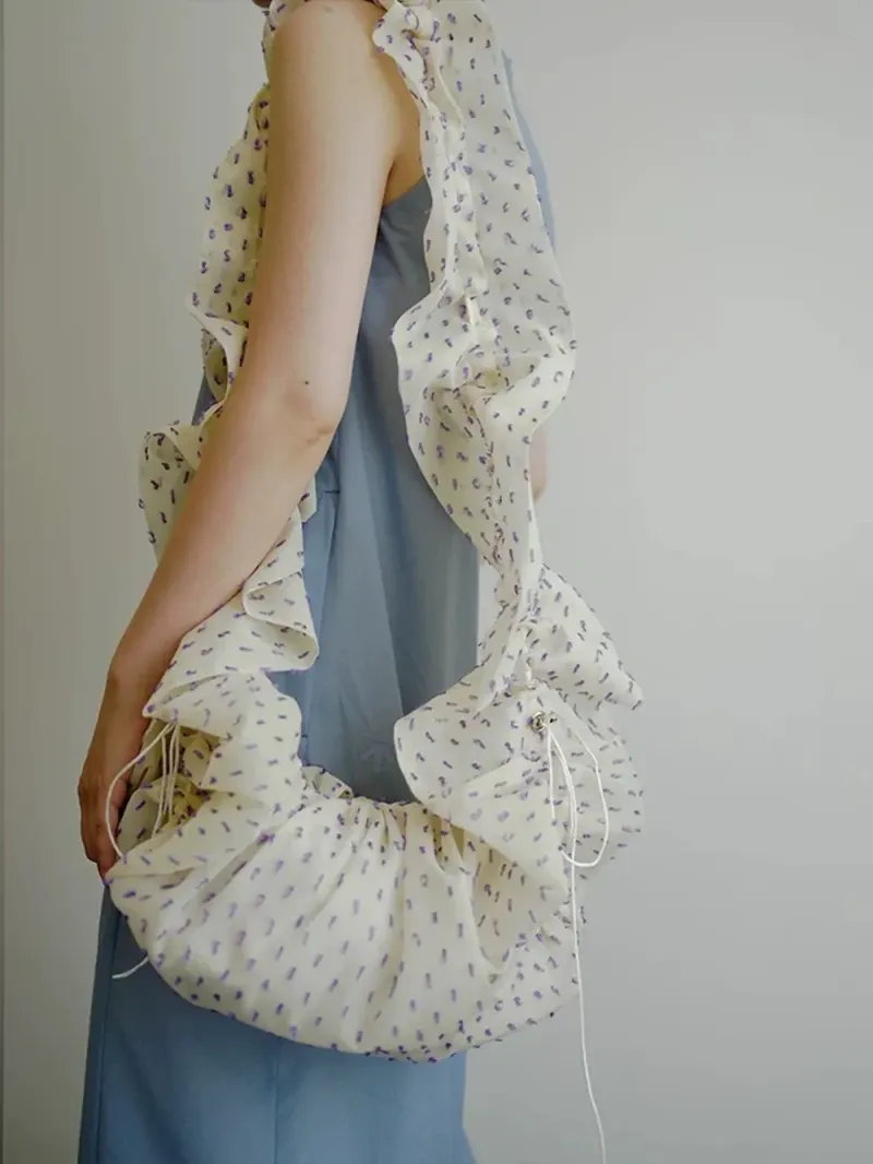 Shoulder Bags White Printed Adjustable Drawstring Women's Pleated Lace Strap Soft Lightweight Summer Commute Crossbody_voghion.com