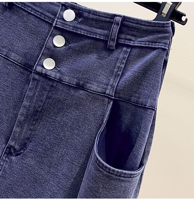 Stretchy High-Waist Split Hem Pencil Skirt For Plus Size Women - Cotton Blend Denim-Like Midi Skirt With Buttons (Black, Blue Floral)_voghion.com