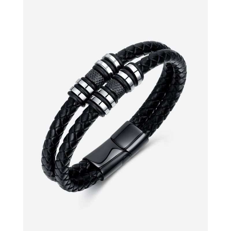 Pulsera de cuero tejida a mano negra con personalidad para hombre_voghion.com
