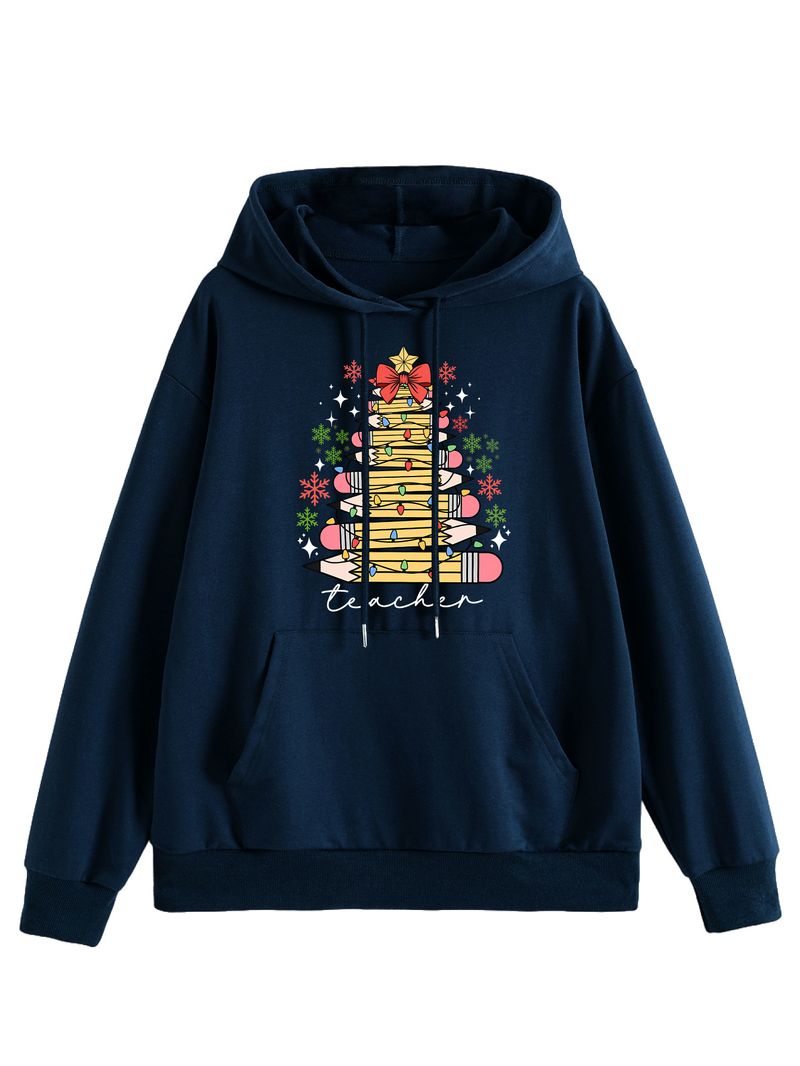 Autumn And Winter Loose Plus Size Fashion Teacher Pencil Light Bulb Women's Hooded Sweatshirt_voghion.com