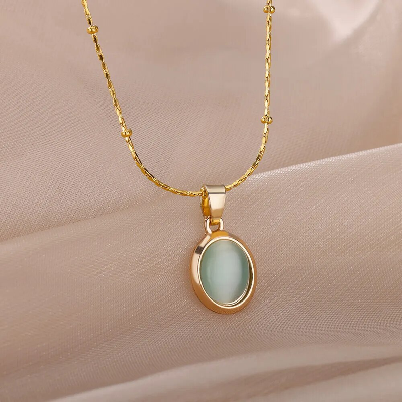 Fashion Stone Opal Oval Necklace For Women Stainless Steel Gold Color Oval Stone Pendant Necklace Wedding Aesthetic Jewelry Gift_voghion.com