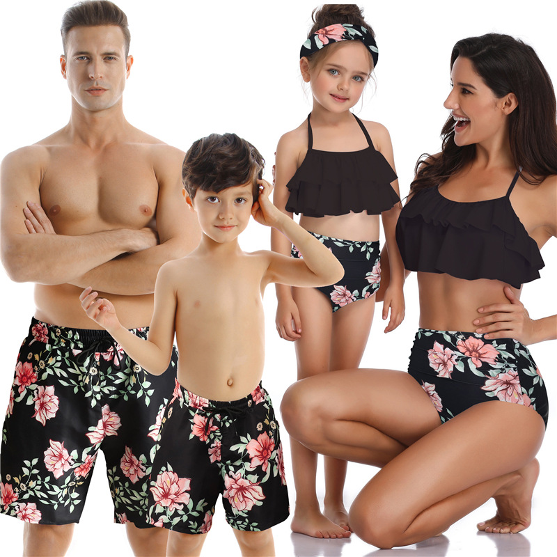 Parent child swimsuit, beach men's swimsuit, small and medium-sized boys and girls' swimsuit, women's bikini two-piece set, three in four_voghion.com