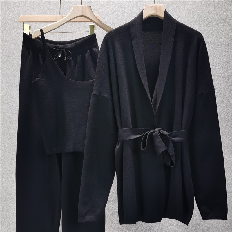 Damesmode gebreid vest, halter, broek met wijde pijpen, driedelige set_voghion.com