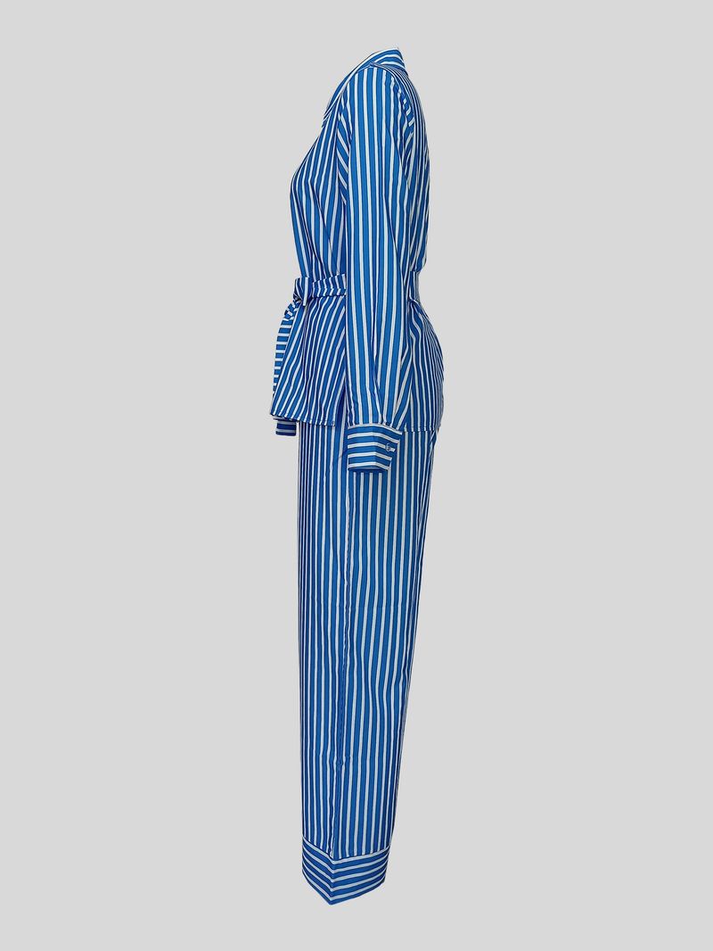 Vêtements pour femmes automne et hiver, costume deux pièces décontracté imprimé à rayures, manches longues, simple boutonnage, revers noué sur le côté_voghion.com