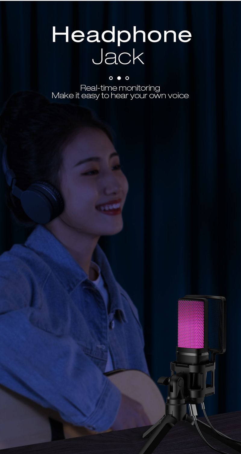 „Zealsound RGB USB“ žaidimų kondensacinis mikrofonas kompiuteriui, PS4, PS5, su pop filtru ir ausinių išvestimi, mikrofonas_voghion.com