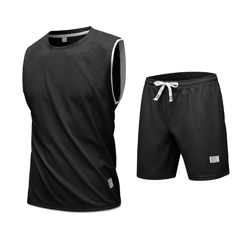 Summer New Waffle Vest Set For Loose Oversized Men's Casual Sleeveless Basket_voghion.com