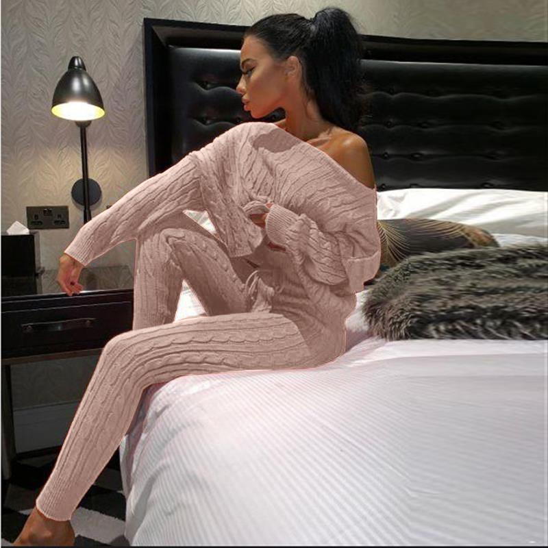 Women's fashion set crew-neck wool-knitted trousers long-sleeved set sweater_voghion.com
