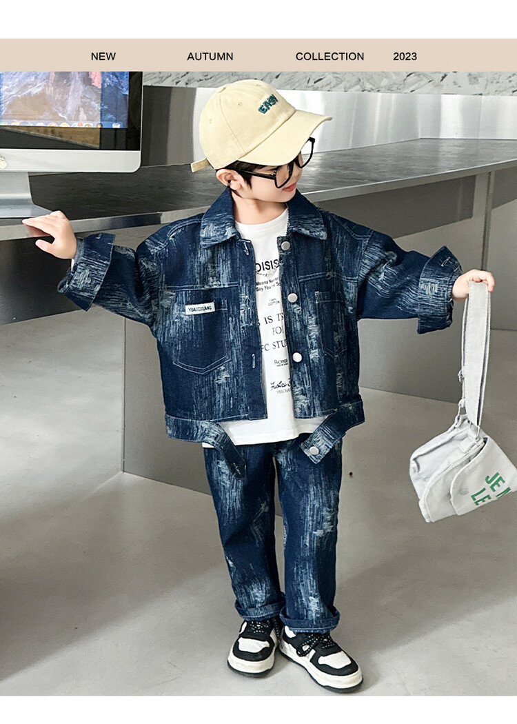 Schönes zweiteiliges Jungen-Set aus gebrochenem Loch-Jacquard-Denim für Frühling und Herbst für Mittel- und Klein_voghion.com