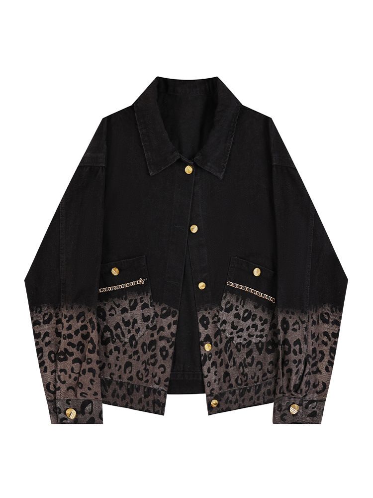 Giacca corta in denim con stampa leopardata sfumata da donna, design casual ampio, per primavera e autunno, top alla moda_voghion.com
