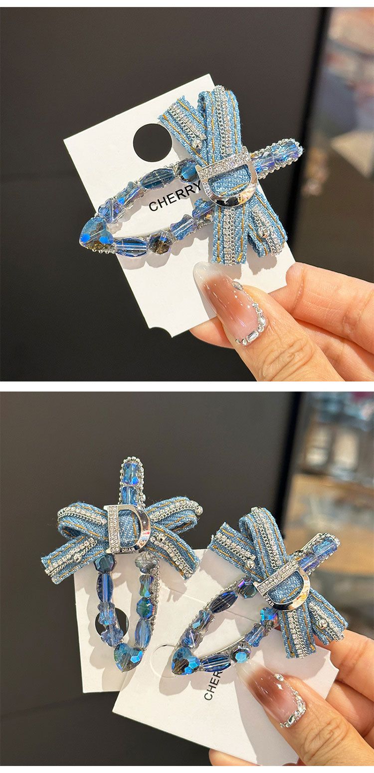 Haaraccessoires voor dames retro denim strik volledige diamant haarspeld kristal eendenbek clip zijclip pony zijclip hoofdtooi_voghion.com