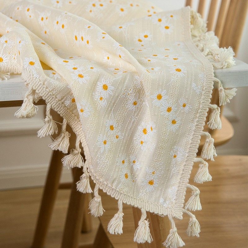 Floral Cotton-Linen Fringe Rectangular Dust Cover Home Tablecloth Daisy Coffee Table Cover_voghion.com