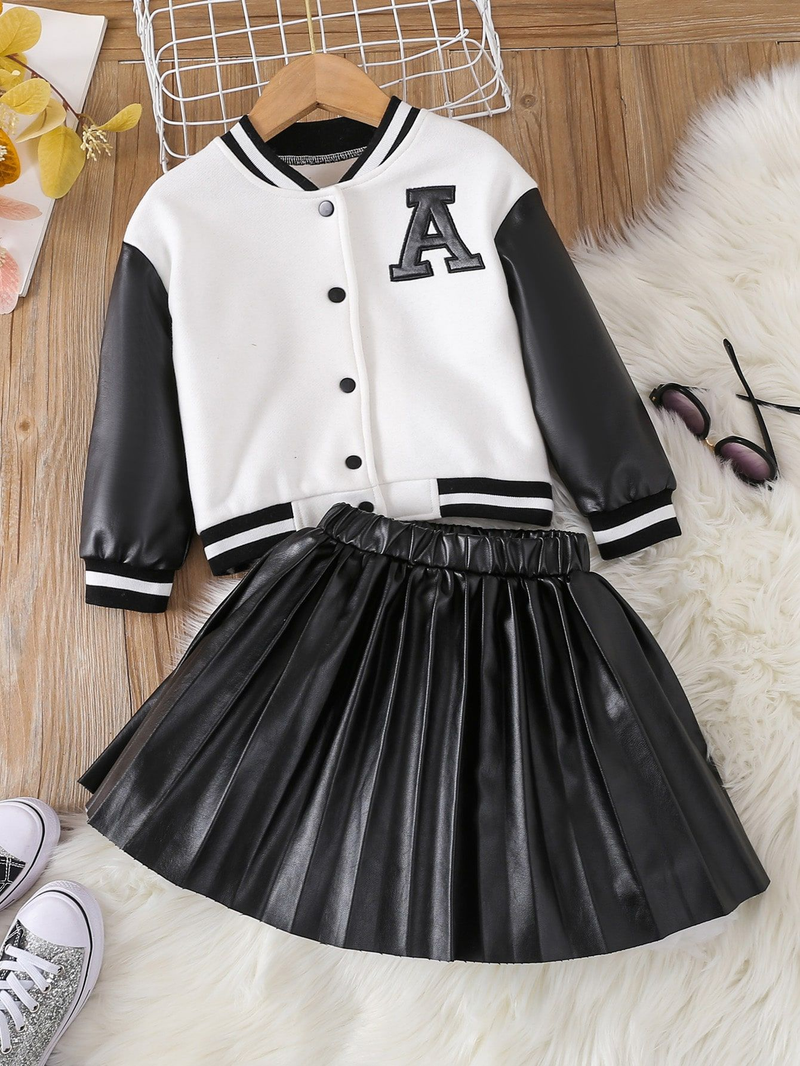 Nuovo set di abbigliamento per bambini in pelle PU per ragazza, set alla moda in due pezzi per bambini piccoli e medi, baseball_voghion.com