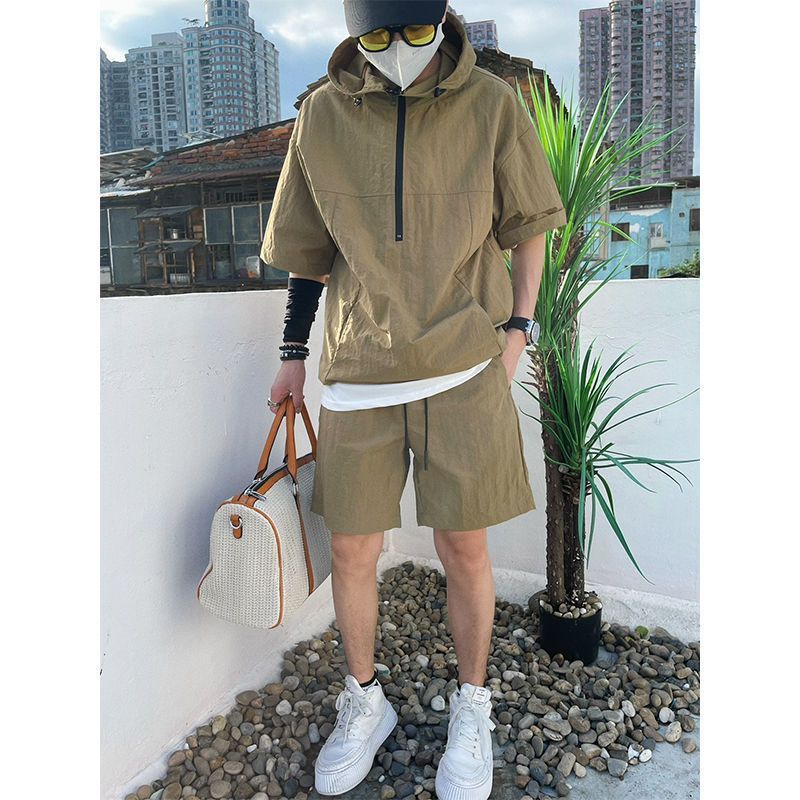 Hooded Workwear Men's Summer 2025 New Loose Zipper Two-Piece Fashion Solid Color Trendy Shorts Set_voghion.com