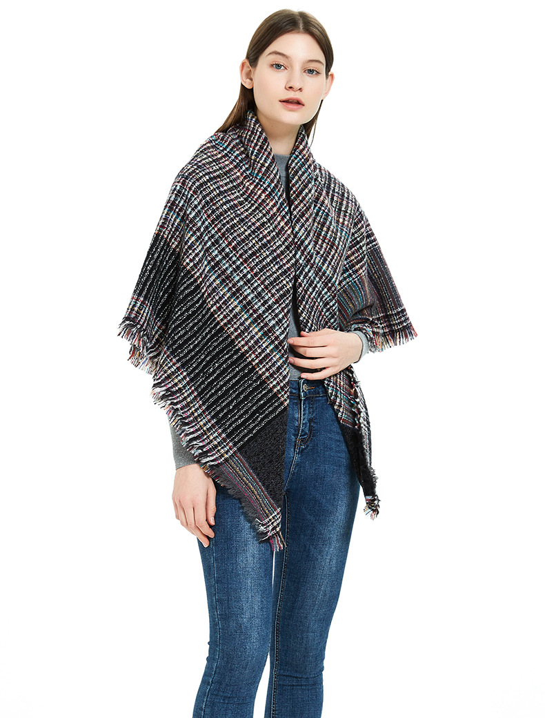 Unisex Autumn/Winter black bristle plaid square scarf scarf Square with thick tassel bib shawl_voghion.com