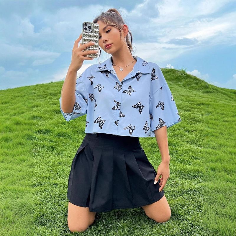 Maglietta a maniche corte con stampa a farfalla, moda estiva, abbigliamento da donna_voghion.com