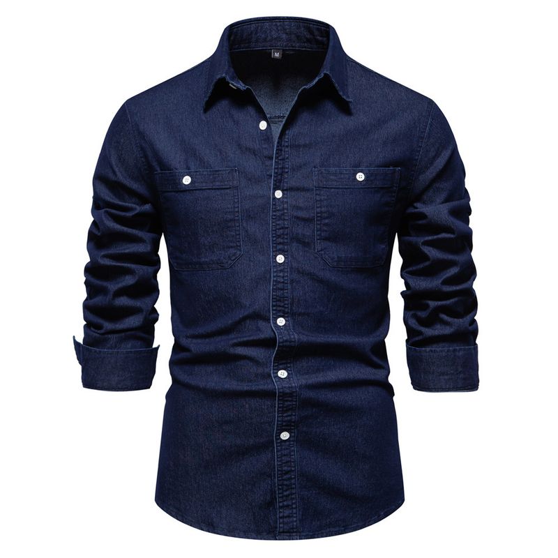 Jeanshemd für Herren – Klassische Langarm-Arbeitskleidung aus Baumwoll-Chambray, sandgewaschen und vorgeschrumpft (15 Farben von Mitternachtsschwarz bis Vintage-Blau)_voghion.com